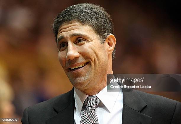 Head coach Dino Gaudio of the Wake Forest Demon Deacons smiles against the Duke Blue Devils during their game on January 17, 2010 in Durham, North...