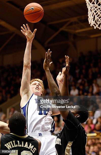 Kyle Singler of the Duke Blue Devils shoots the ball against the Wake Forest Demon Deacons during their game on January 17, 2010 in Durham, North...
