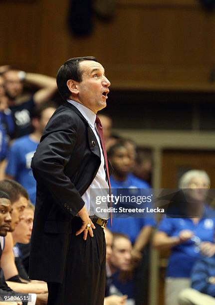 Head coach Mike Krzyzewski of the Duke Blue Devils reacts to a call against the Wake Forest Demon Deacons during their game on January 17, 2010 in...