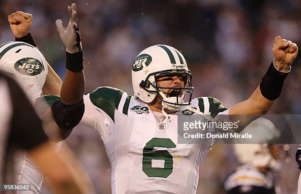 Quarterback Mark Sanchez of the New York Jets celebrates a play against the San Diego Chargers during the AFC Divisional Playoff Game at Qualcomm...
