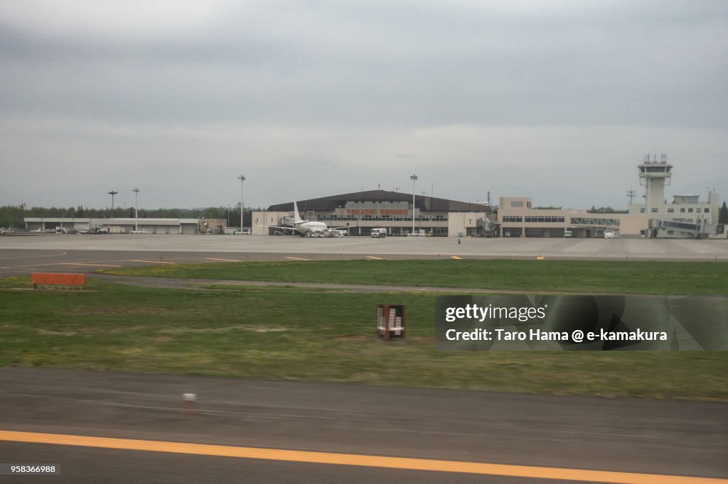 Terminal of Obihiro airport in Hokkaido in Japan aerial view from airplane