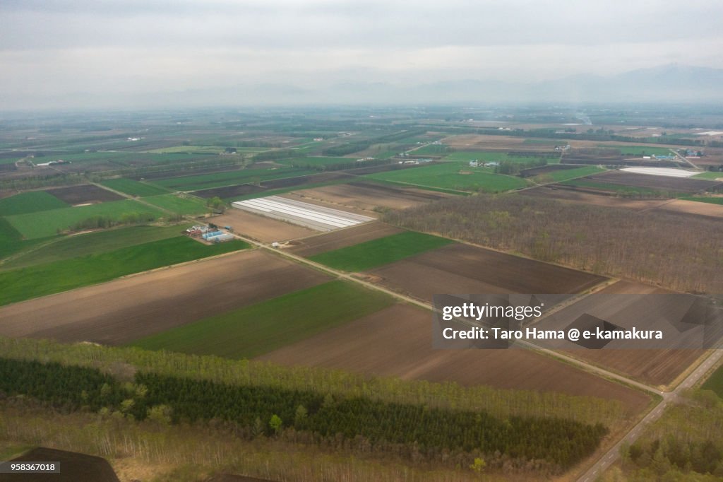 Fields in Nakasatsunai village in Hokkaido in Japan aerial view from airplane