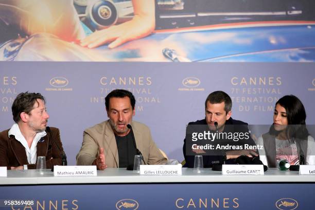 Mathieu Amalric, Gilles Lellouche, Guillaume Canet and Leila Bekhti attend the press conference for "Sink Or Swim " during the 71st annual Cannes...