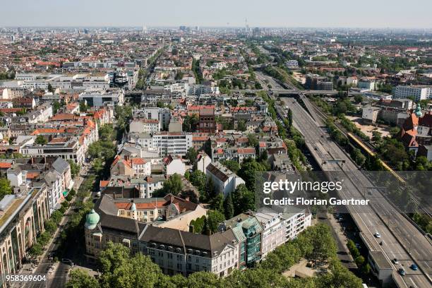 The cityscape is seen fron the so called 'Steglitzer Kreisel' on May 09, 2018 in Berlin, Germany.