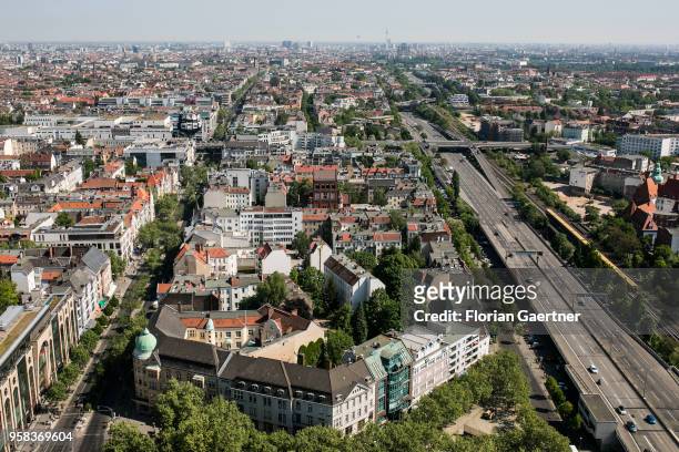 The cityscape is seen fron the so called 'Steglitzer Kreisel' on May 09, 2018 in Berlin, Germany.