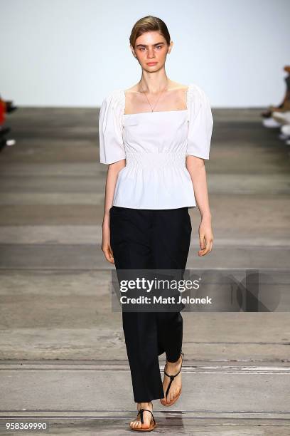 Model walks the runway during the Anna Quan show at Mercedes-Benz Fashion Week Resort 19 Collections at Carriageworks on May 14, 2018 in Sydney,...