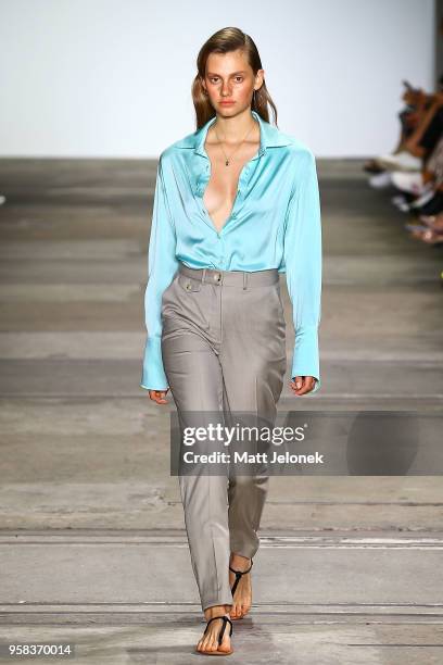 Model walks the runway during the Anna Quan show at Mercedes-Benz Fashion Week Resort 19 Collections at Carriageworks on May 14, 2018 in Sydney,...