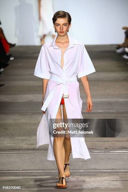 Model walks the runway during the Anna Quan show at Mercedes-Benz Fashion Week Resort 19 Collections at Carriageworks on May 14, 2018 in Sydney,...