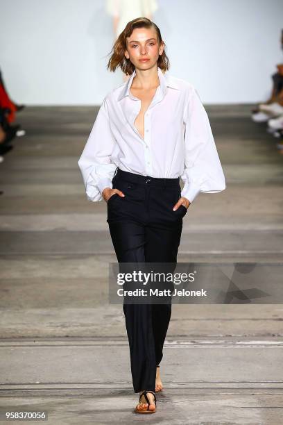 Model walks the runway during the Anna Quan show at Mercedes-Benz Fashion Week Resort 19 Collections at Carriageworks on May 14, 2018 in Sydney,...