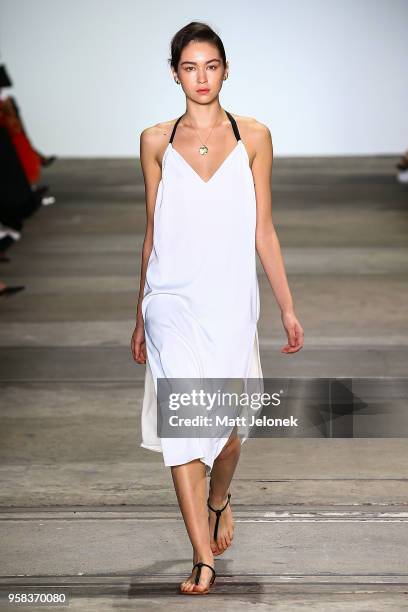 Model walks the runway during the Anna Quan show at Mercedes-Benz Fashion Week Resort 19 Collections at Carriageworks on May 14, 2018 in Sydney,...