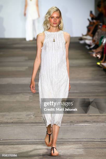 Model walks the runway during the Anna Quan show at Mercedes-Benz Fashion Week Resort 19 Collections at Carriageworks on May 14, 2018 in Sydney,...