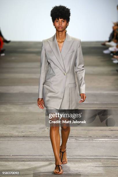 Model walks the runway during the Anna Quan show at Mercedes-Benz Fashion Week Resort 19 Collections at Carriageworks on May 14, 2018 in Sydney,...