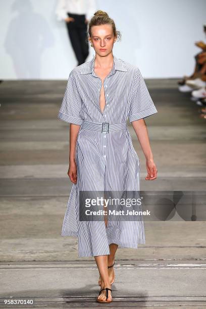 Model walks the runway during the Anna Quan show at Mercedes-Benz Fashion Week Resort 19 Collections at Carriageworks on May 14, 2018 in Sydney,...