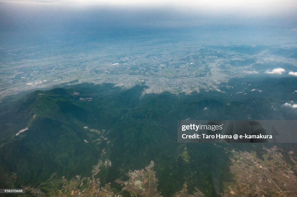 Mount Tsukuba in Ibaraki prefecture in Japan daytime aerial view from airplane