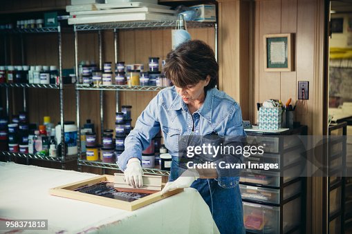 Determined craftswoman using silk screen while working at workshop Determined craftswoman using silk screen while working at workshop