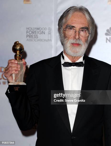 Director Michael Haneke poses in the press room at the 67th Annual Golden Globe Awards at The Beverly Hilton Hotel on January 17, 2010 in Beverly...