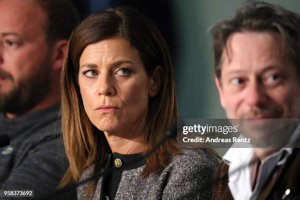 Actors Marina Fois and Mathieu Amalric attend the press conference for "Sink Or Swim " during the 71st annual Cannes Film Festival at Palais des...