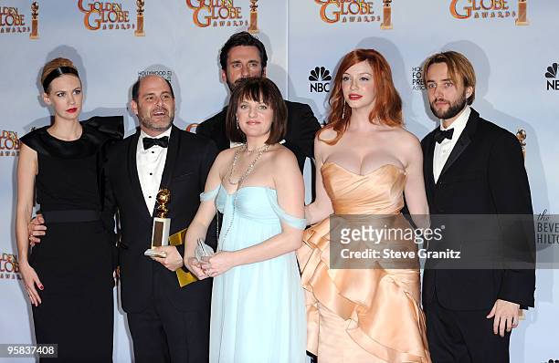 Actress January Jones, writer-producer Matthew Weiner, and actors Jon Hamm, Elisabeth Moss, Christina Hendricks and Vincent Kartheiser pose in the...