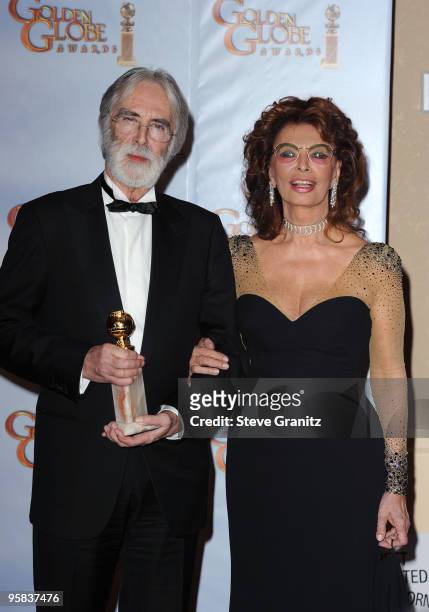 Director Michael Haneke and actress Sophia Loren pose in the press room at the 67th Annual Golden Globe Awards at The Beverly Hilton Hotel on January...