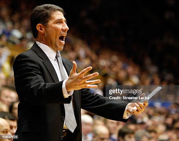 Head coach Dino Gaudio of the Wake Forest Demon Deacons reacts to a call against the Duke Blue Devils during their game on at Cameron Indoor Stadium...