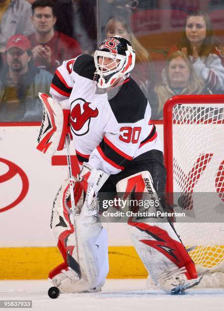 Goaltender Martin Brodeur of the New Jersey Devils in action during the NHL game against the Phoenix Coyotes at Jobing.com Arena on January 14, 2010...