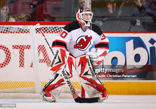 Goaltender Martin Brodeur of the New Jersey Devils in action during the NHL game against the Phoenix Coyotes at Jobing.com Arena on January 14, 2010...