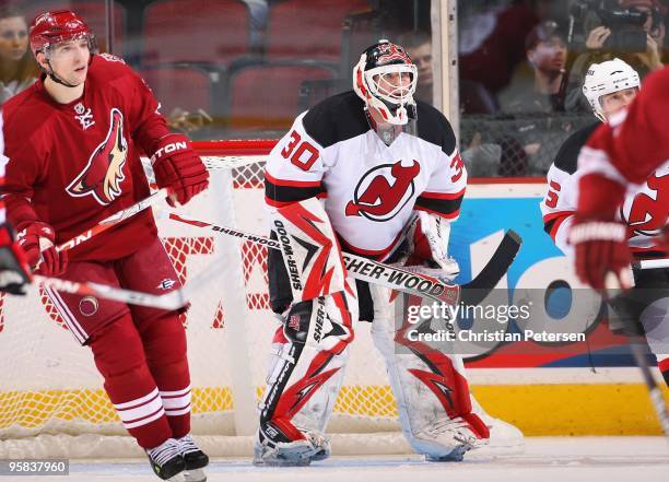 Goaltender Martin Brodeur of the New Jersey Devils in action during the NHL game against the Phoenix Coyotes at Jobing.com Arena on January 14, 2010...