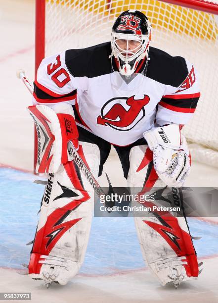 Goaltender Martin Brodeur of the New Jersey Devils in action during the NHL game against the Phoenix Coyotes at Jobing.com Arena on January 14, 2010...