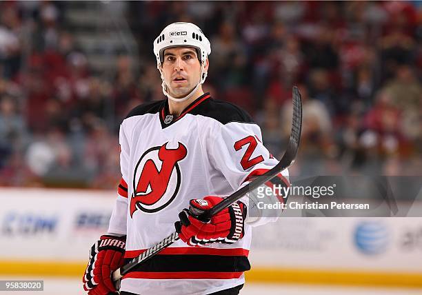 Mike Mottau of the New Jersey Devils in action during the NHL game against the Phoenix Coyotes at Jobing.com Arena on January 14, 2010 in Glendale,...