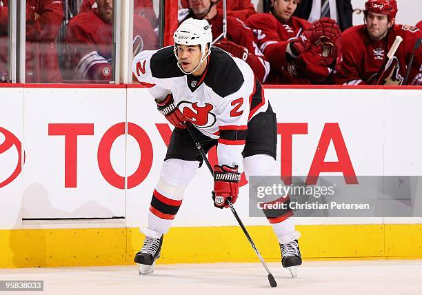 Mark Fraser of the New Jersey Devils in action during the NHL game against the Phoenix Coyotes at Jobing.com Arena on January 14, 2010 in Glendale,...