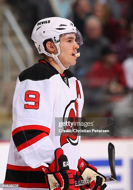 Zach Parise of the New Jersey Devils in action during the NHL game against the Phoenix Coyotes at Jobing.com Arena on January 14, 2010 in Glendale,...