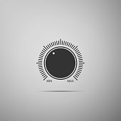 Dial knob level technology settings icon isolated on grey background. Volume button, sound control, music knob with number scale, sound control, analog regulator. Flat design. Vector Illustration