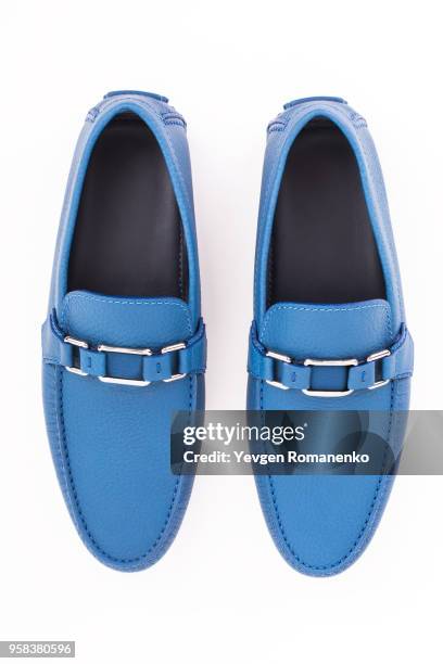 pair of blue male leather loafers isolated on white background - blue shoe bildbanksfoton och bilder
