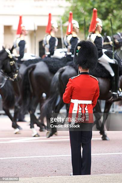 protegendo sua majestade durante trooping the colour, londres - chapéu da guarda real britânica imagens e fotografias de stock