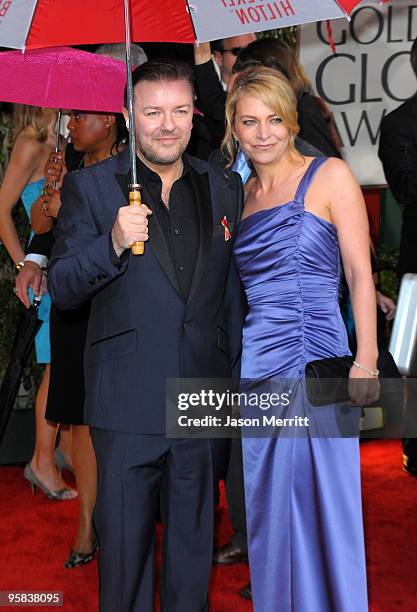 Host Ricky Gervais and Jane Fallon arrive at the 67th Annual Golden Globe Awards held at The Beverly Hilton Hotel on January 17, 2010 in Beverly...