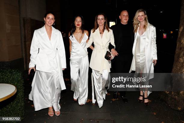 Sara Donaldson, Nicole Warne, Amanda Shadforth, Michael Lo Sordo and Candice Lake arrive ahead of the Michael Lo Sordo show dinner as part of...