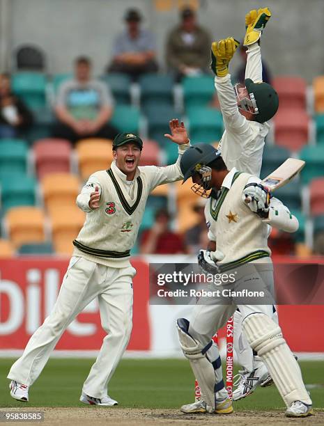 Michael Clarke of Australia celebrates after he caught Umar Gul of Pakistan off the Bowling of Nathan Hauritz during day five of the Third Test match...