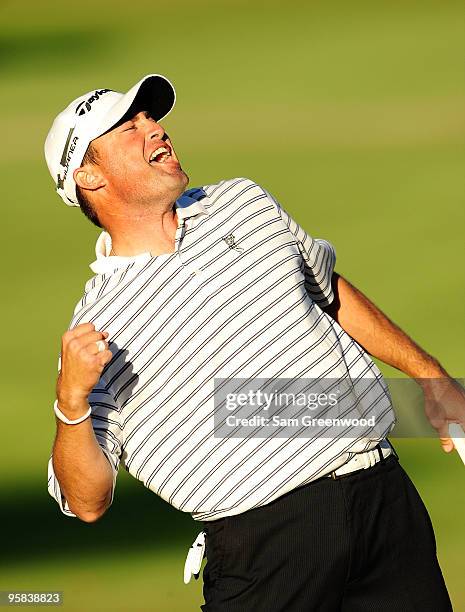 Ryan Palmer celebrates after winning the Sony Open at Waialae Country Club on January 17, 2010 in Honolulu, Hawaii.