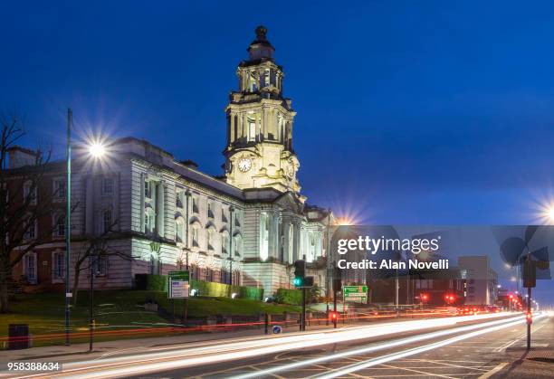 stockport town hall at night, stockport, greater manchester, england, uk - cheshire england stock pictures, royalty-free photos & images
