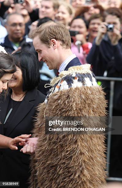 Britain's Prince William wears a tradional Maori Cloak at the opening of the New Zealand new Supreme High Court in Wellington on January 18, 2019....