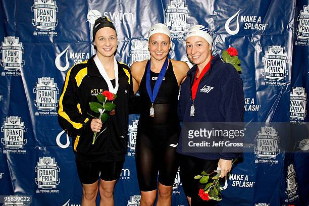 Andrea Kropp, Rebecca Soni and Ariana Kukors pose after swimming in the Women's 200 Breaststroke Final during the Long Beach Grand Prix on January...