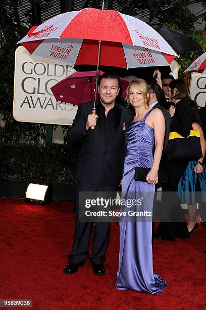 Host Ricky Gervais and Jane Fallon arrive at the 67th Annual Golden Globe Awards at The Beverly Hilton Hotel on January 17, 2010 in Beverly Hills,...