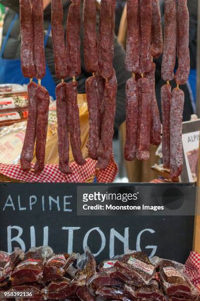 alpine biltong in borough market, london - beef jerky stock-fotos und bilder
