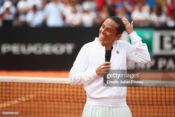 Roberta Vinci of Italy speaks after the Women's singles first round match against Aleksandra Krunic of Serbia on day two of the Internazionali BNL...