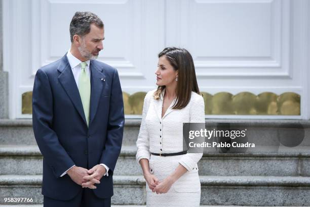 King Felipe VI of Spain and Queen Letizia of Spain receive President of Colombia Juan Manuel Santos Calderon and wife Maria Clemencia Rodriguez de...