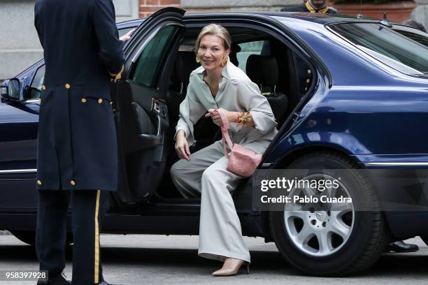 King Felipe VI of Spain and Queen Letizia of Spain receive President of Colombia Juan Manuel Santos Calderon and wife Maria Clemencia Rodriguez de...