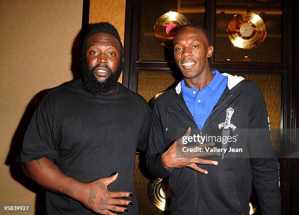 The "World strongest Street fighter" Da-Da 5000 and Gold Medalist "world fastest Man Alive" Usain Bolt during a meet and greet of the world three top...