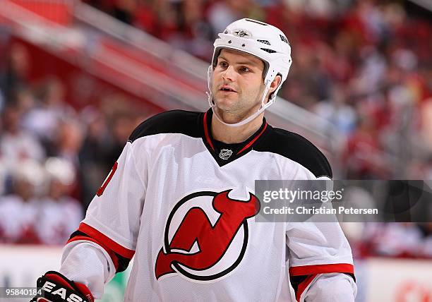 Rod Pelley of the New Jersey Devils in action during the NHL game against the Phoenix Coyotes at Jobing.com Arena on January 14, 2010 in Glendale,...