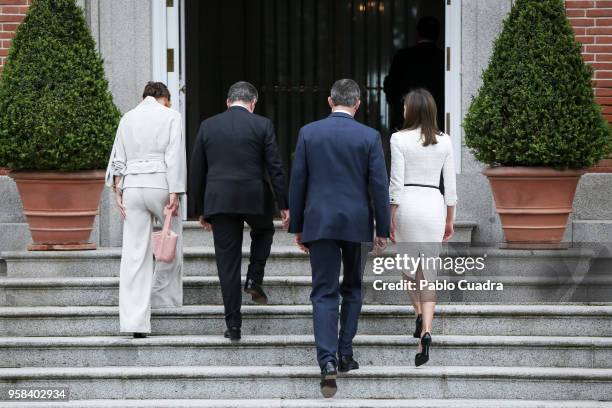 King Felipe VI of Spain and Queen Letizia of Spain receive President of Colombia Juan Manuel Santos Calderon and wife Maria Clemencia Rodriguez de...