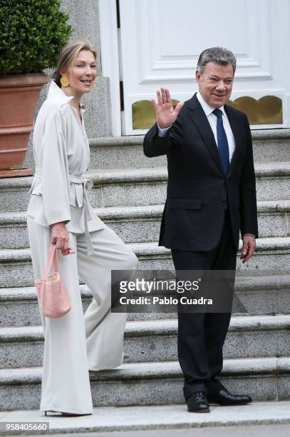 King Felipe VI of Spain and Queen Letizia of Spain receive President of Colombia Juan Manuel Santos Calderon and wife Maria Clemencia Rodriguez de...